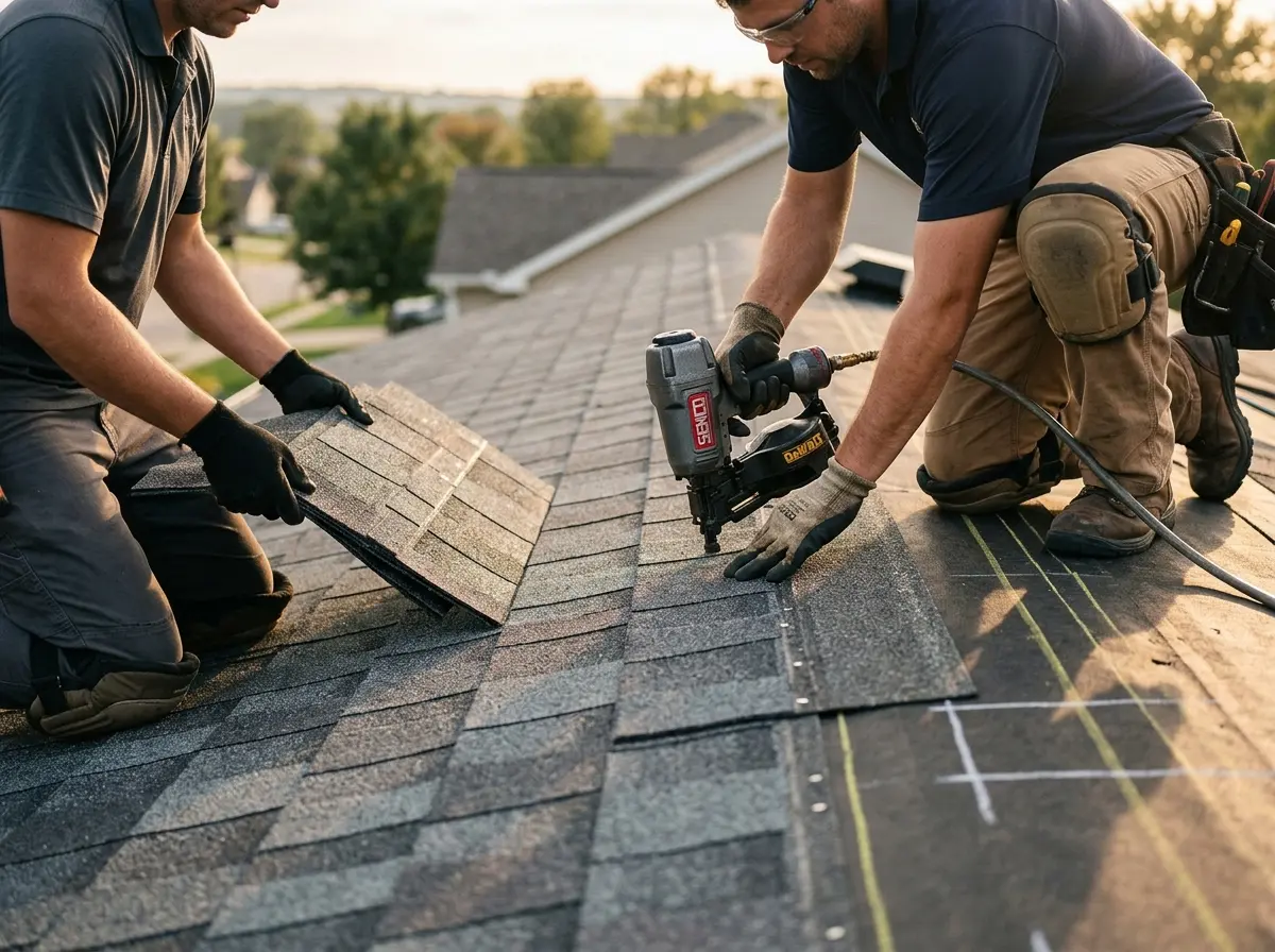 Professional roofer working on a residential roof in Air Force Academy